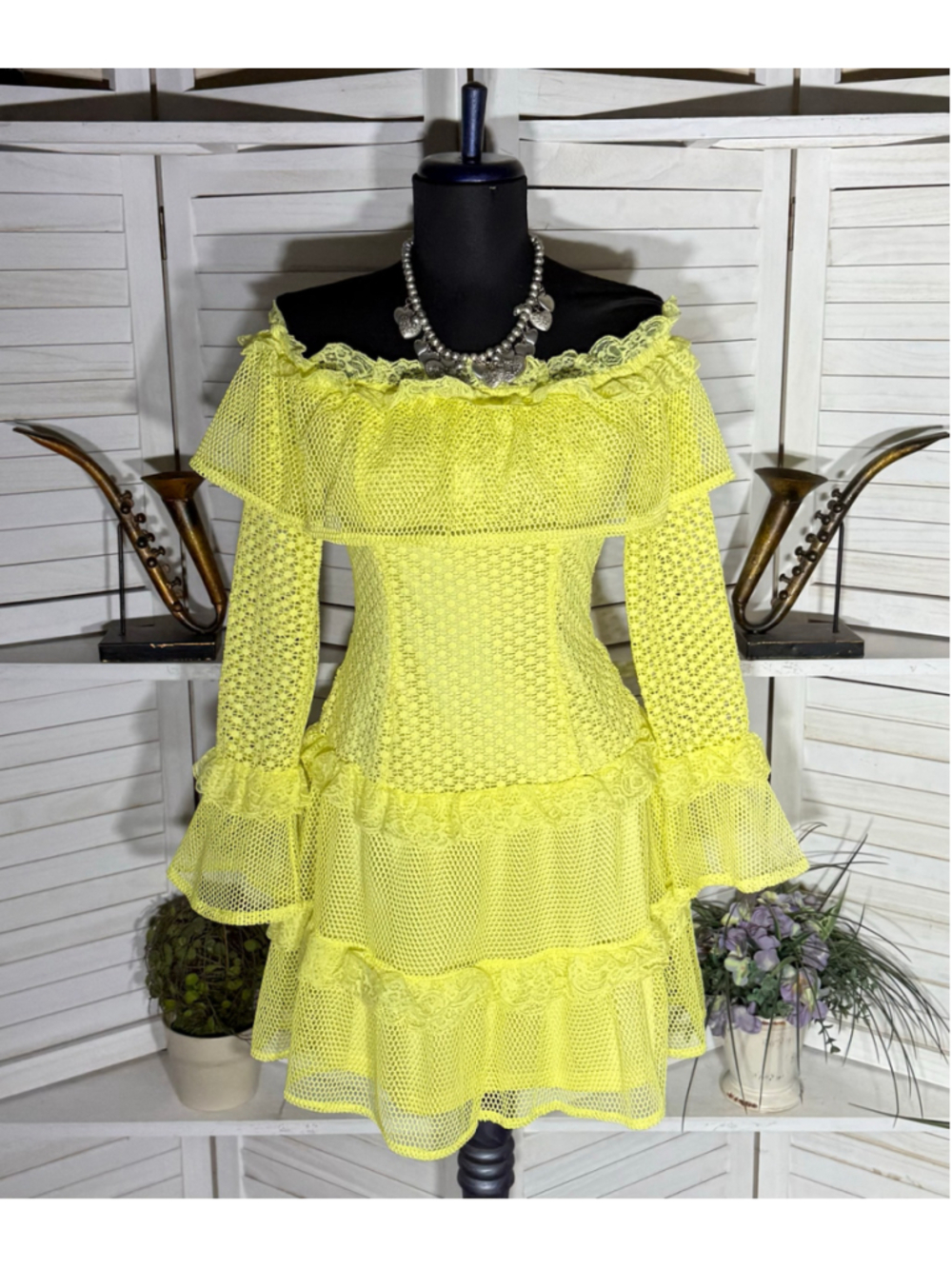 Retro rare neon mini dress mesh lace off shoulder cosplay pollypocket dollcore S